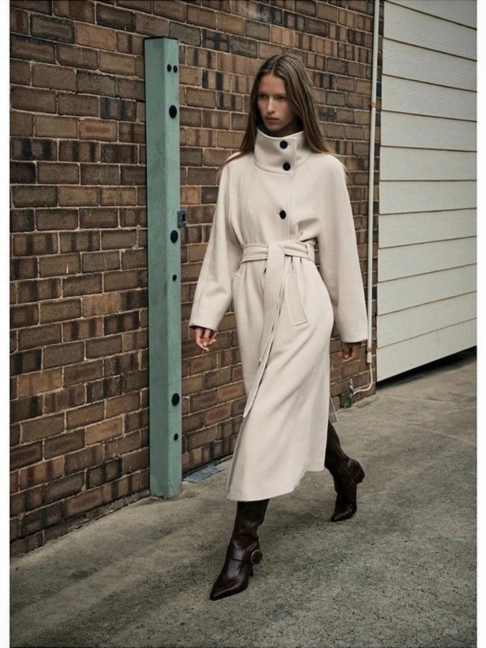 Zara High Collar Wool Blend Coat Belted Cream